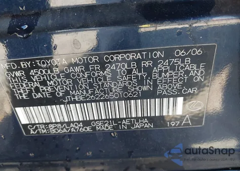 2006 Lexus Is 350 z USA, uszkodzony, nr VIN JTHBE262265010621